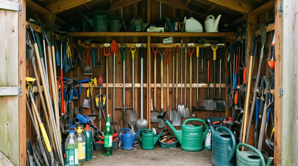 Хранение садового инвентаря: идеи для сарая, гаража и мастерской - иллюстрация